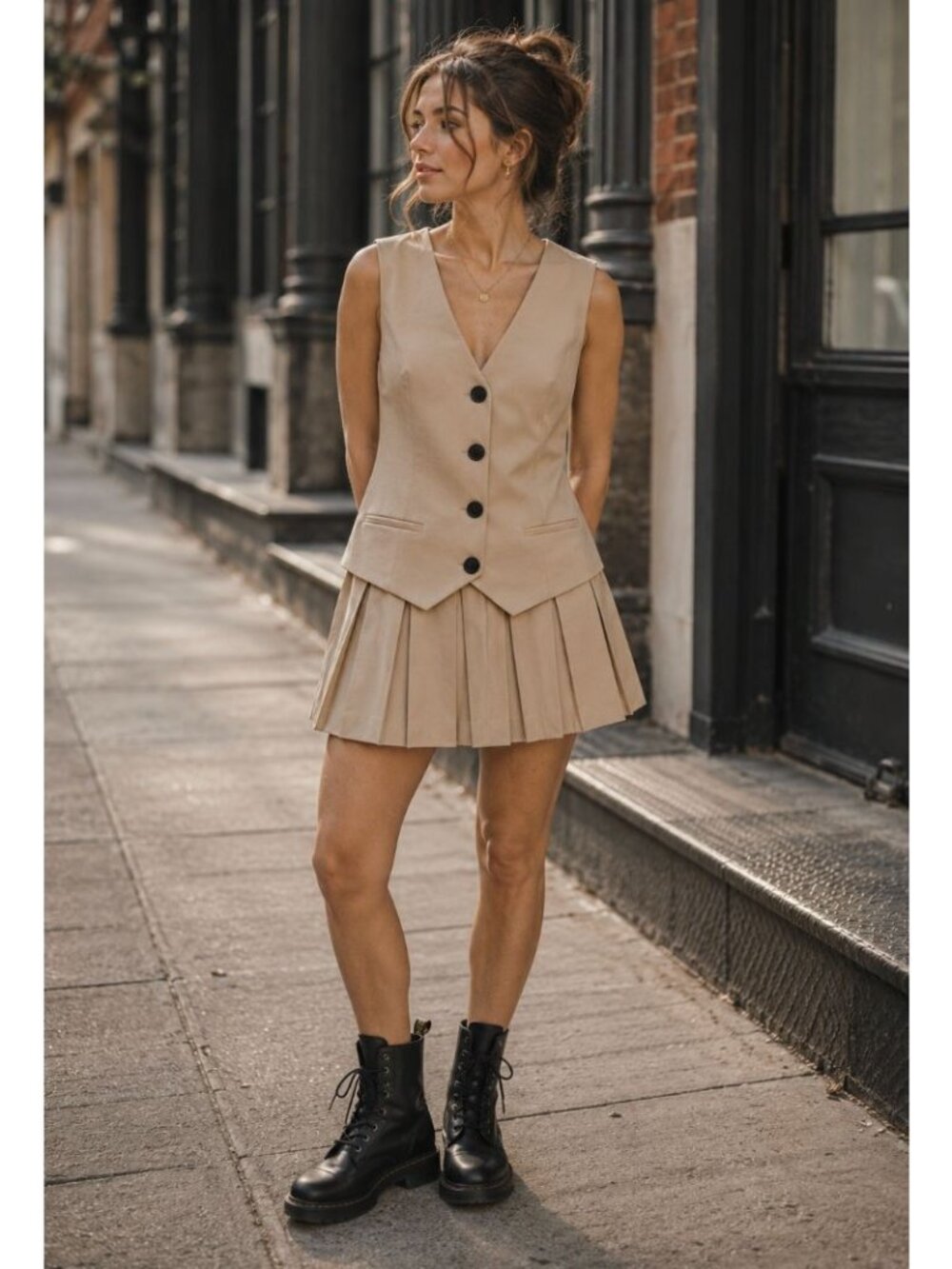 NWOT Zara Vest Dress Pleated Skirt Tan L Business Casual Workwear